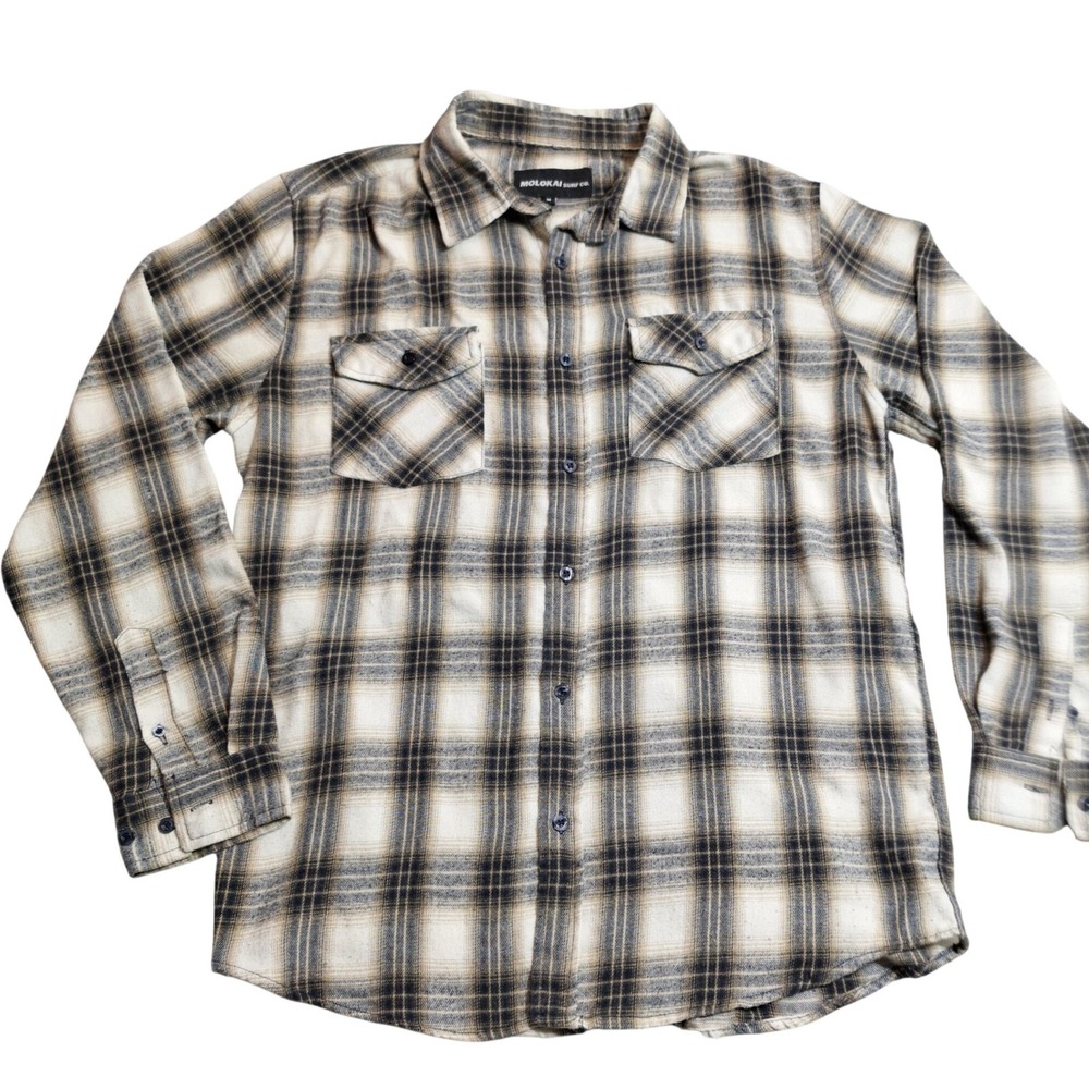 Molokai Surf Co Flannel Shirt Mens Medium Cream Tan Black Plaid Long Sleeve